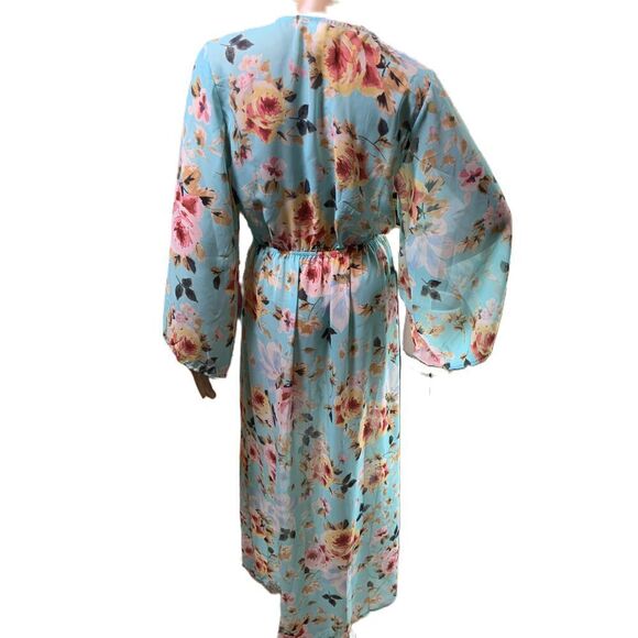 Privy Blue Floral Print V-Neck Long Sleeve Cinched Waist Maxi Dress Wrap Size M - Picture 11 of 16
